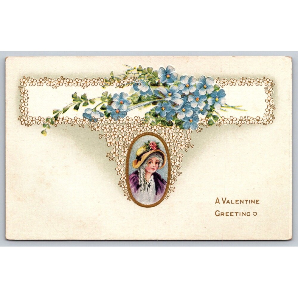 Postcard Valentine Greeting Embossed Flowers Unposted c1917 Girl Wearing Hat